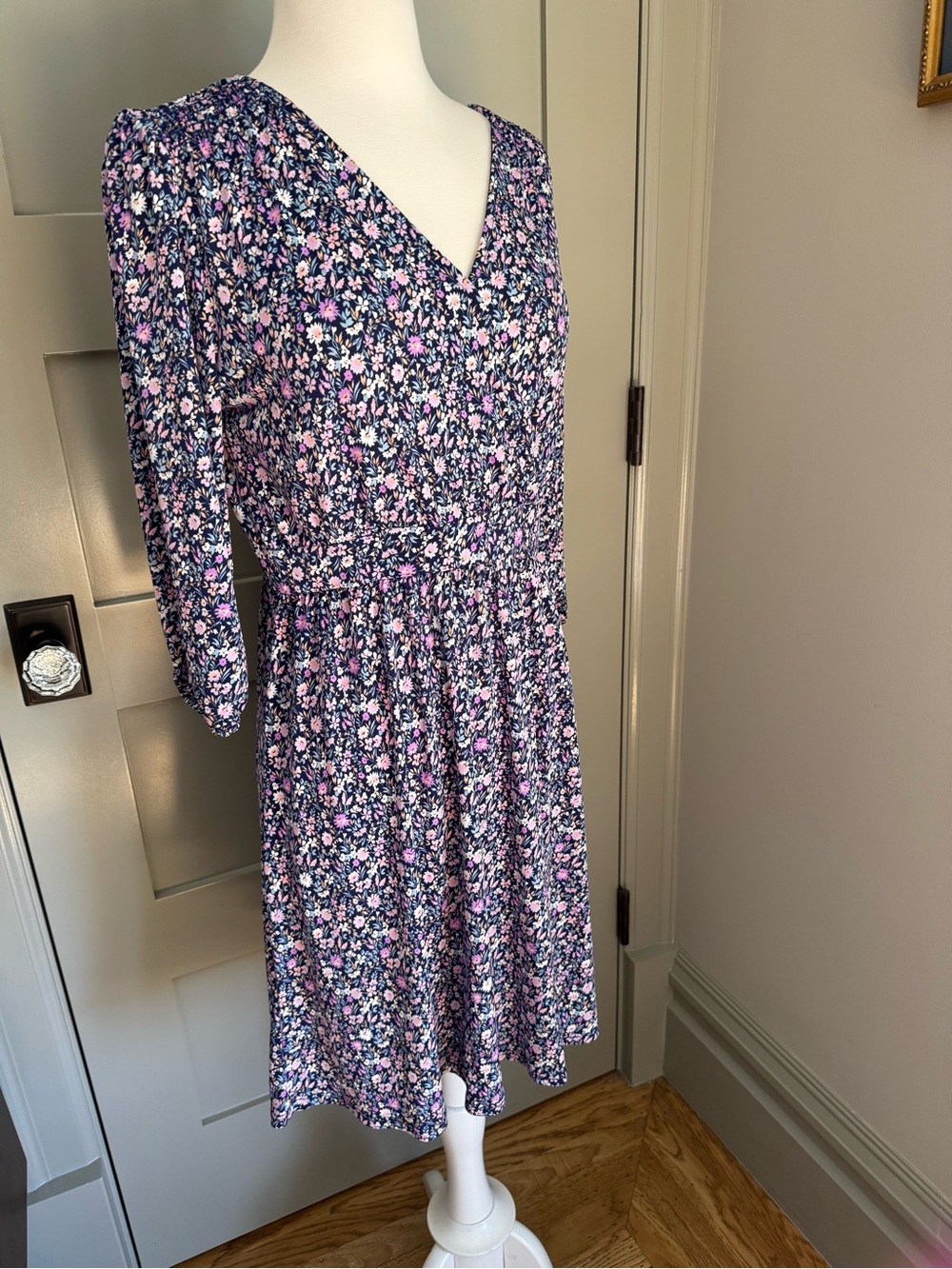 Floral faux wrap 3/4 Sleeve Dress in Navy and Pink